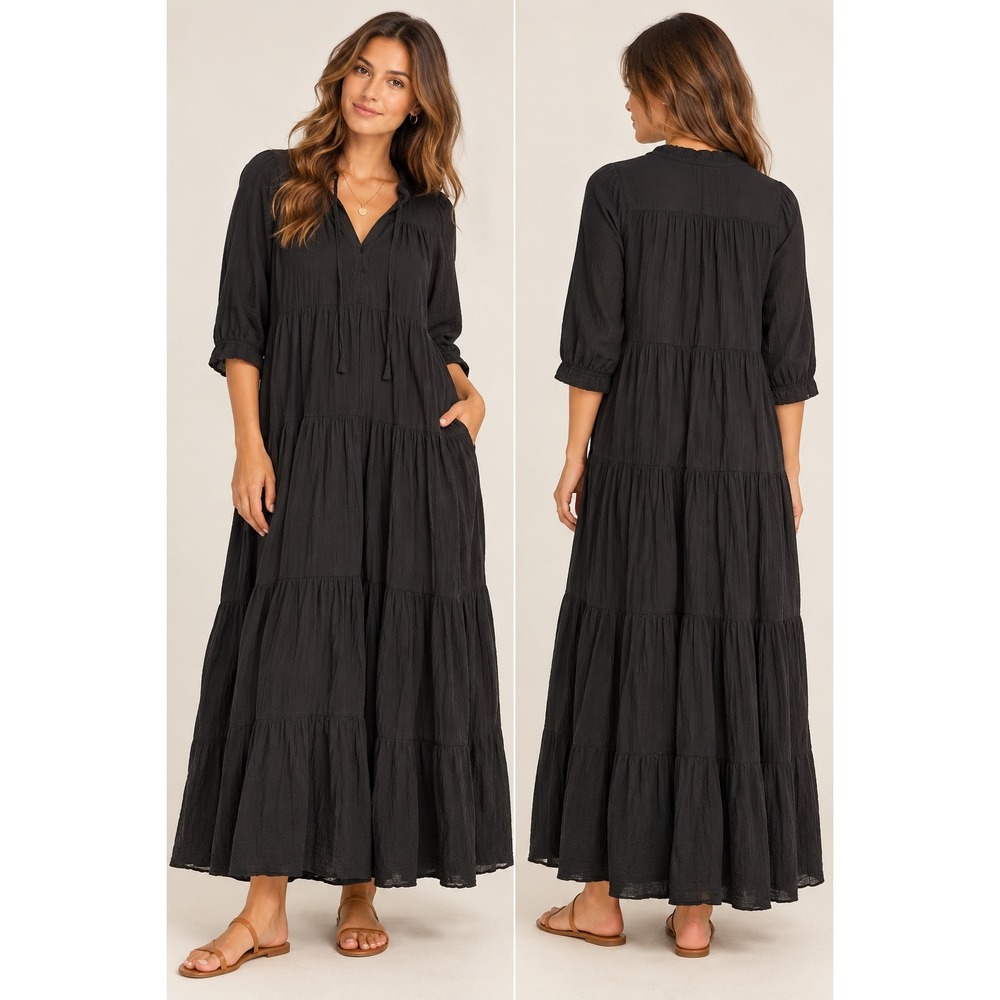 Honorine Black Cotton Gauze Tiered Maxi Dress B19GZ101 Small
